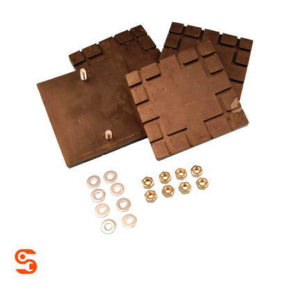 Set of four black rubber arm pads with mounting studs, washers, and brass nuts for Challenger lifts