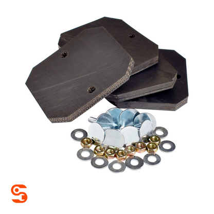 Set of four black octagonal rubber pads with mounting holes, shown with metal bolts, nuts and washers