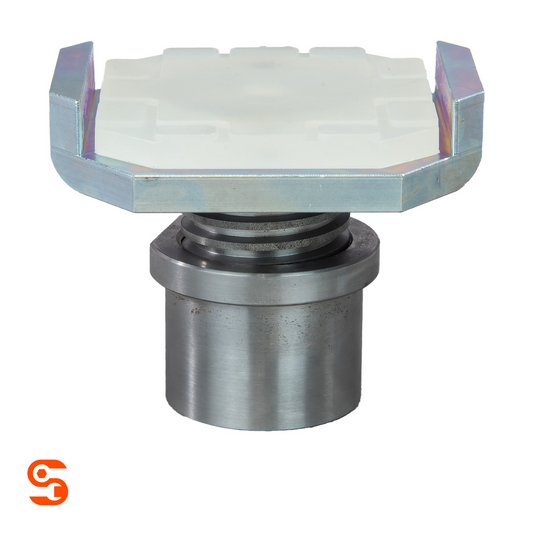 Urethane pad adapter base with white pad, metal side bracket, and cylindrical steel base, single unit