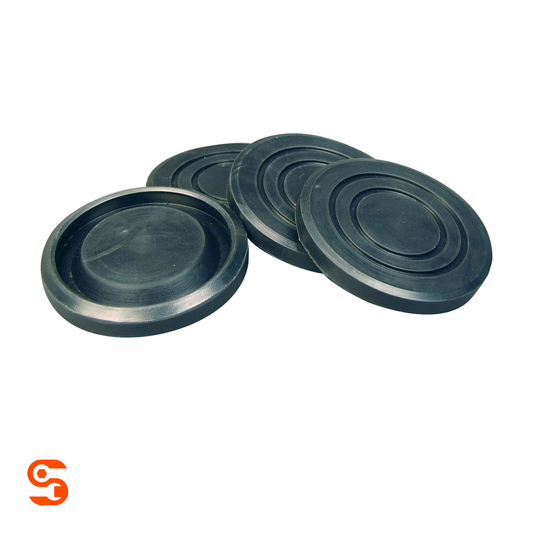 Set of four black rubber lift arm pads with circular grooves and fabric-reinforced texture