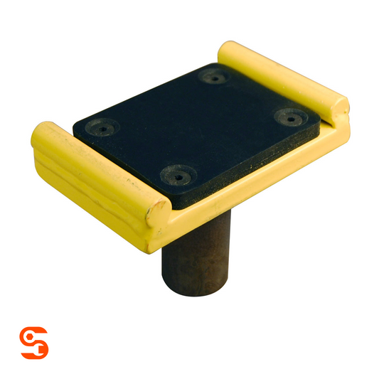 Yellow and black adapter assembly with square top plate, four recessed bolts, and cylindrical base