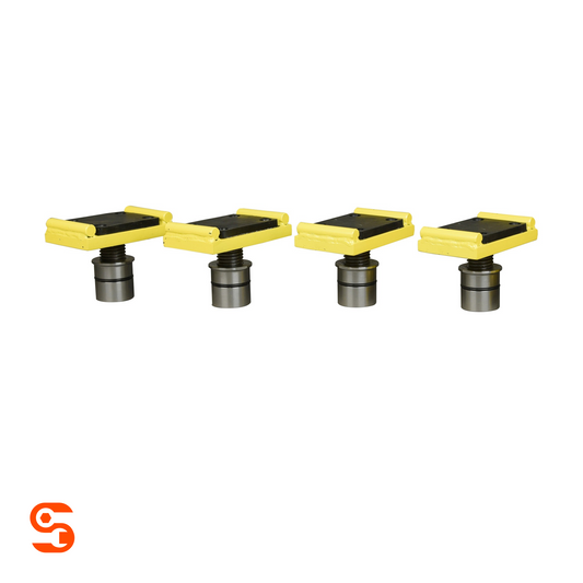 Four yellow and black rubber pad adapter bases with threaded metal posts for rotary lifts