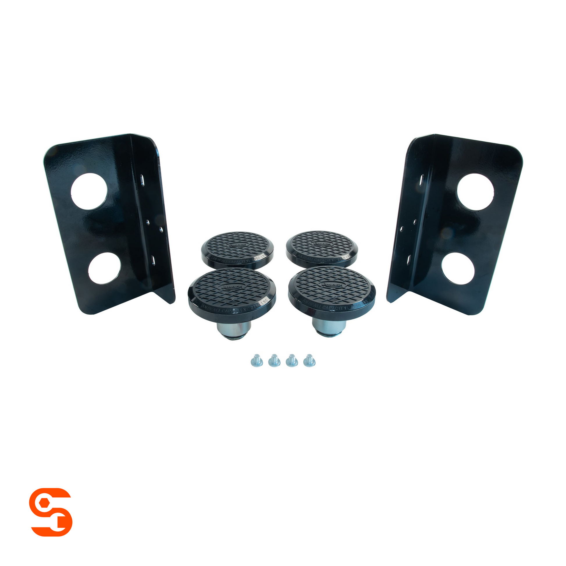 Set of four black round adapter pads with two metal rack brackets and mounting screws