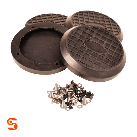 Set of four black rubber arm pads for rotary lifts with textured tops and mounting screws