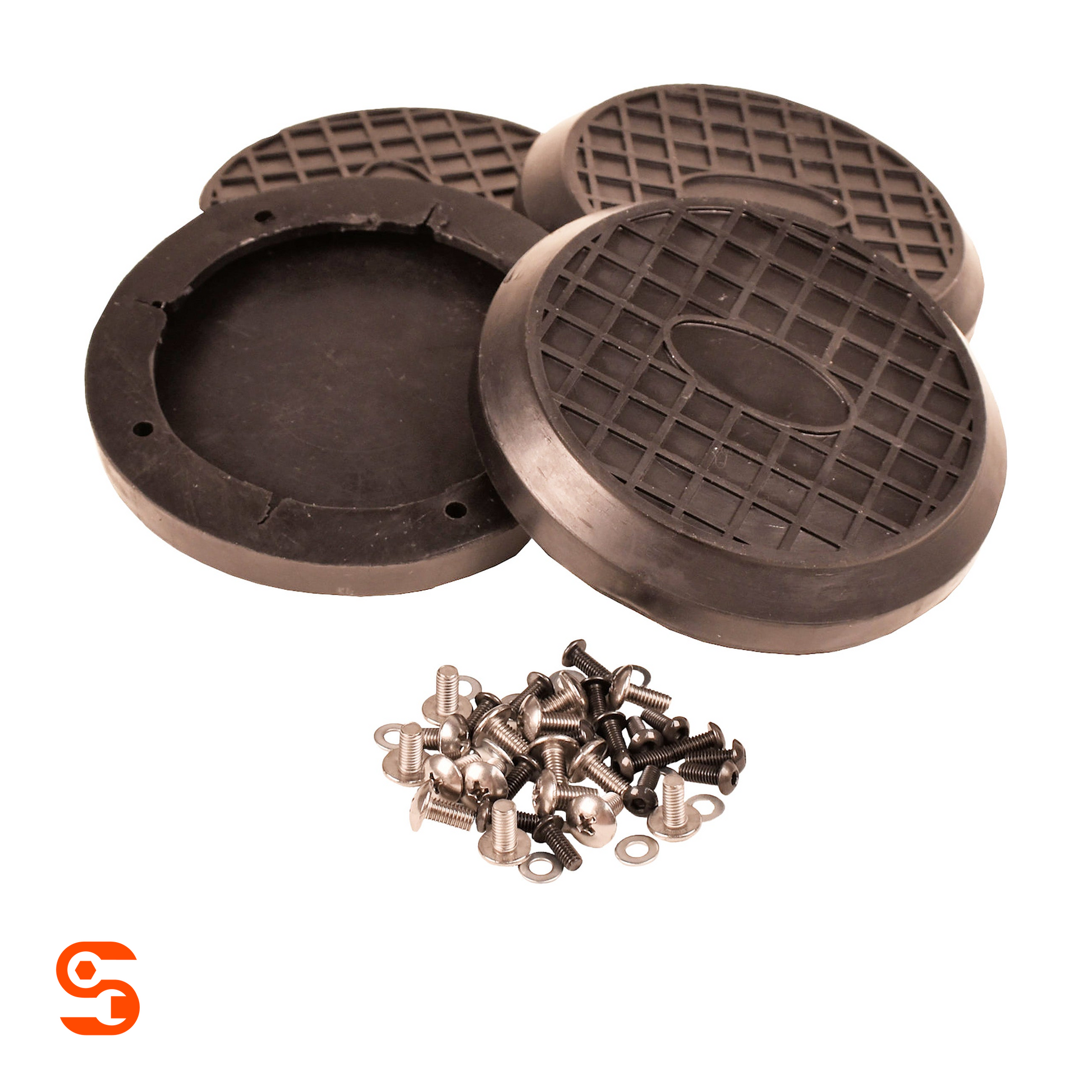 Set of four black rubber arm pads for rotary lifts with textured tops and mounting screws