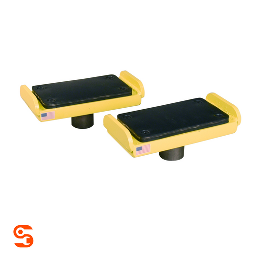 Set of two yellow adapter bases with black rubber pads for GM trucks on a white background
