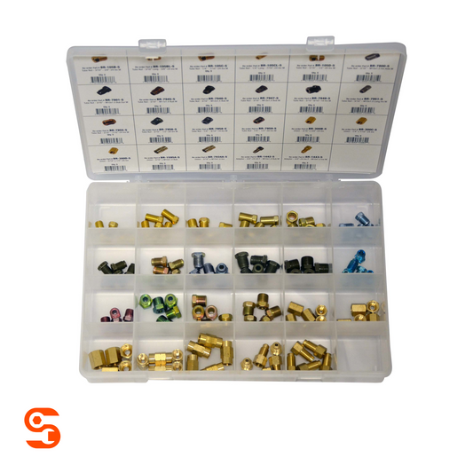 Open plastic organizer case with assorted brass and colored brake line fittings in labeled compartments