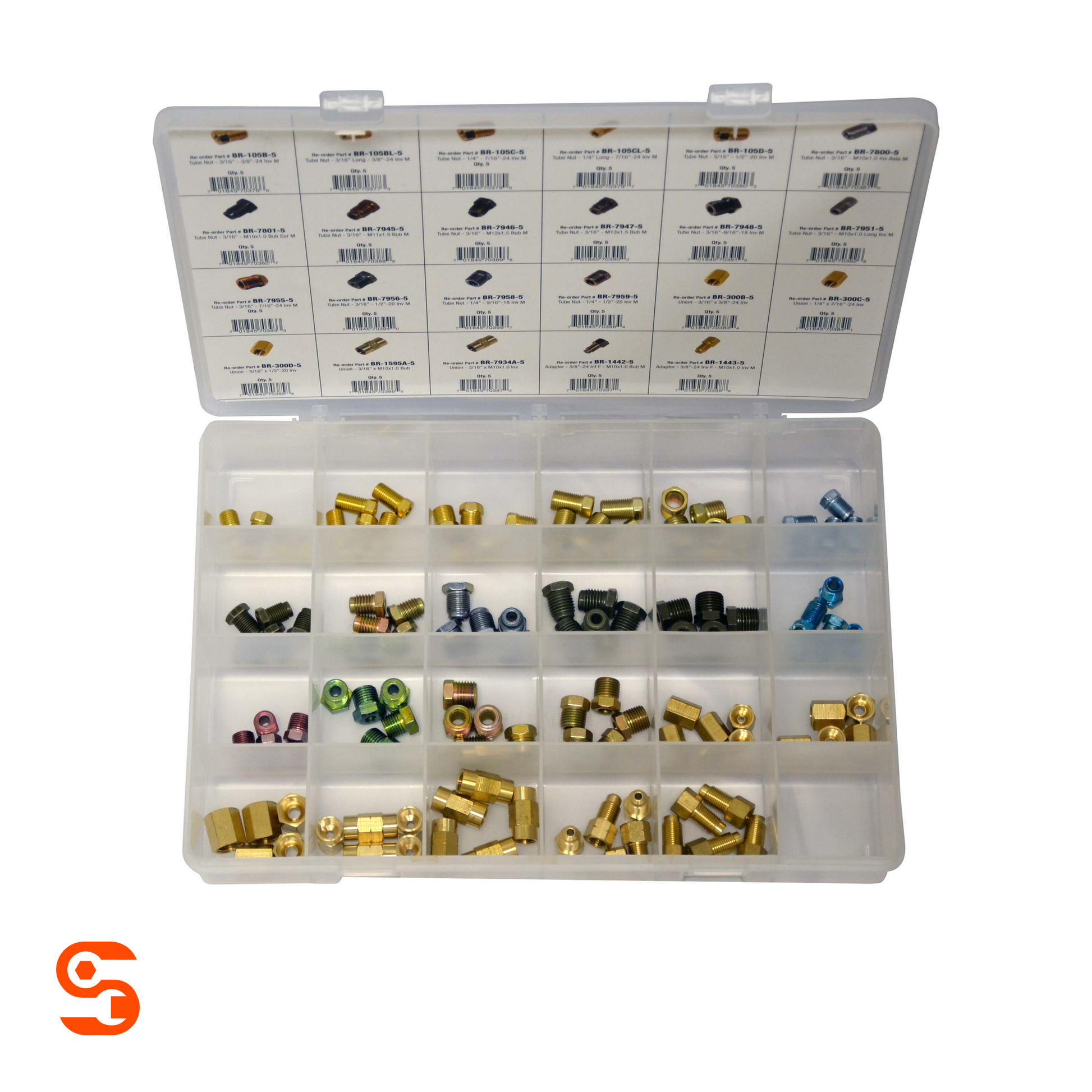 Open plastic organizer case with assorted brass and colored brake line fittings in labeled compartments