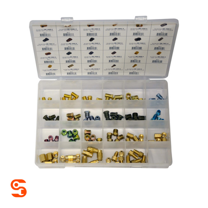 Open plastic organizer case with assorted brass and colored brake line fittings in labeled compartments