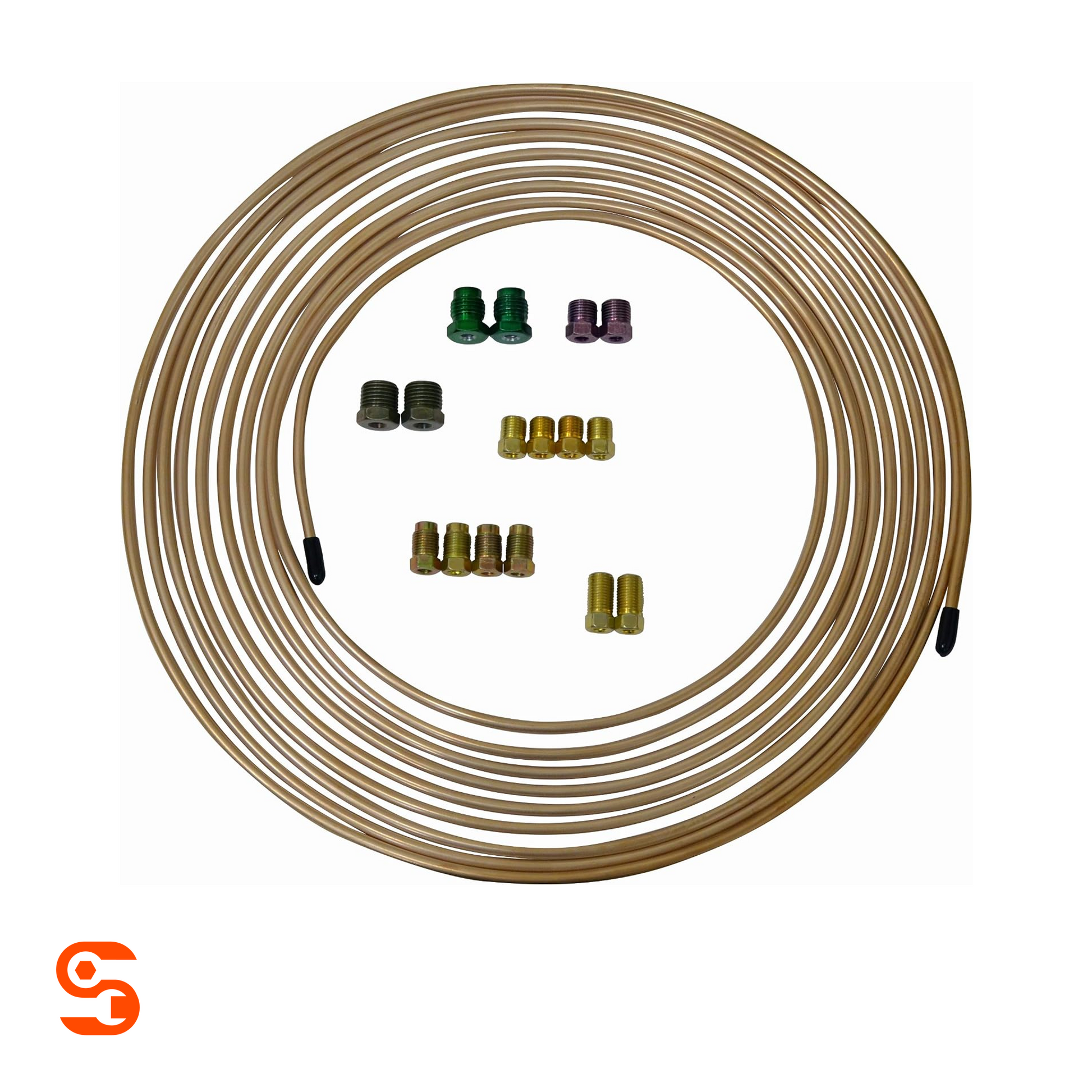 Coiled copper brake line tube with assorted metal fittings and black end caps on a white background