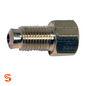 Brass bubble flare adapter with threaded male end and hex female fitting, shown as a single metal connector