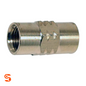 Brass metric union fitting with threaded opening and hex center, metallic finish