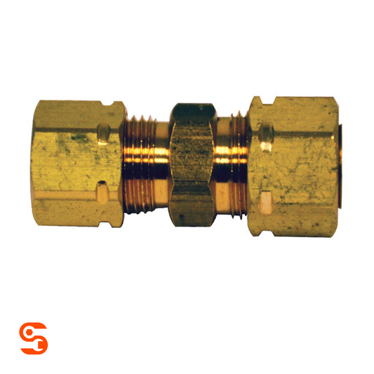 Brass reducing fuel line compression union with threaded center and hex nut, single piece