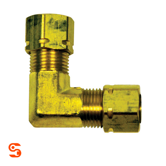 Brass 90° elbow compression union with threaded ends and hex nuts on a white background