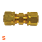 Brass straight fuel line compression union with hex center and threaded ends on a white background