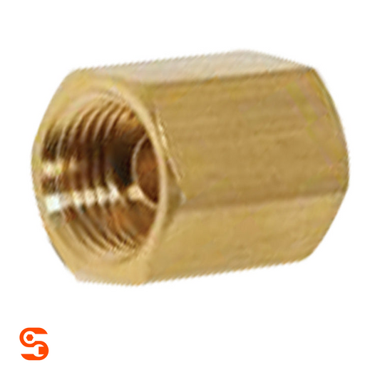 Brass hex union fitting with internal threaded opening, single gold-toned metal connector