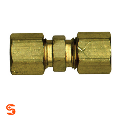 Brass compression union fitting for joining nylon fuel lines, with hex nuts on both ends