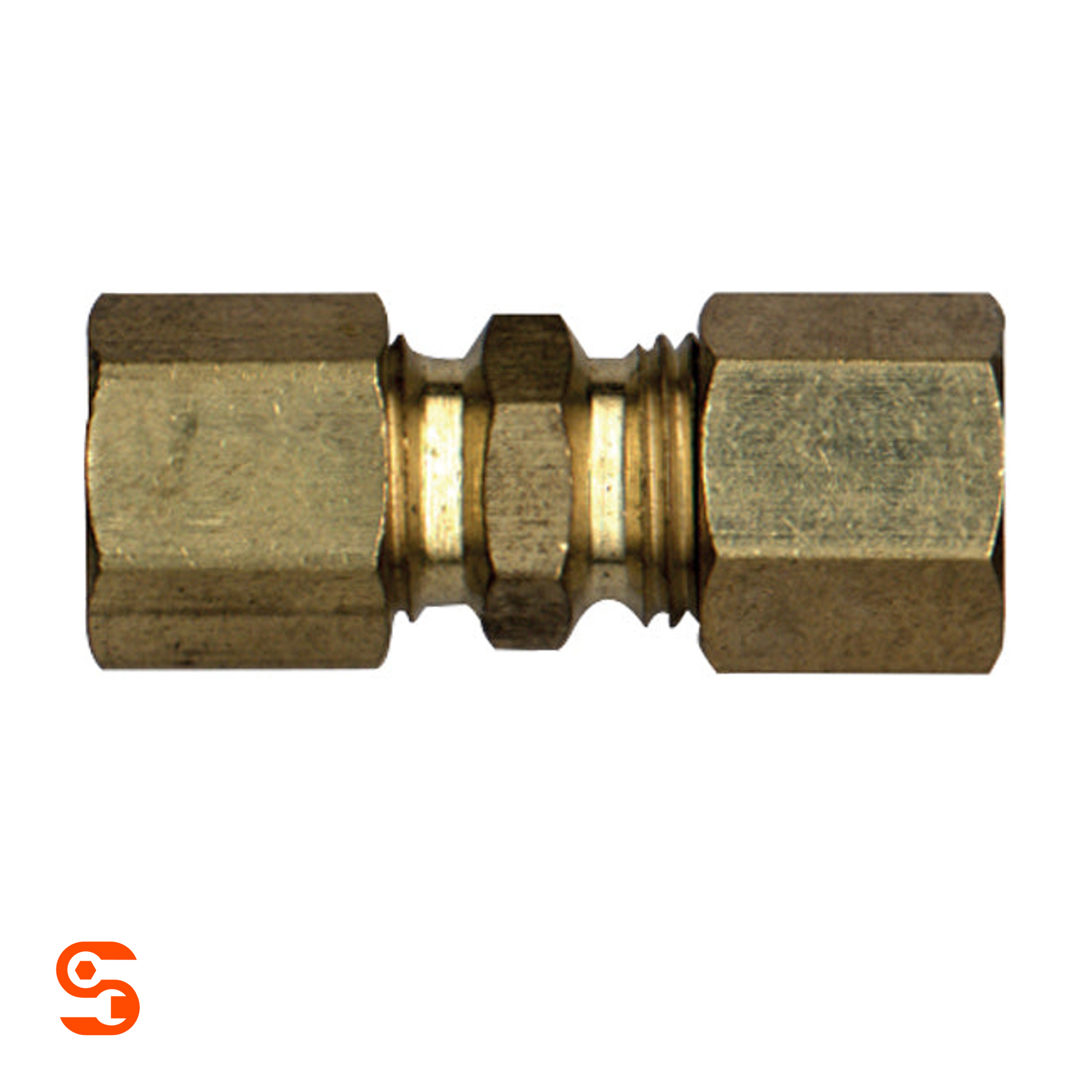 Brass compression union fitting with hex ends for nylon to steel fuel line seal