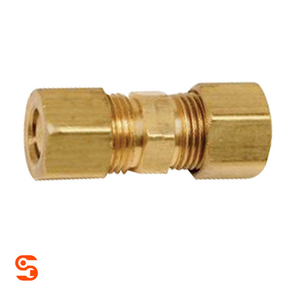 Brass compression union fitting with threaded center and hexagonal end nuts on both sides