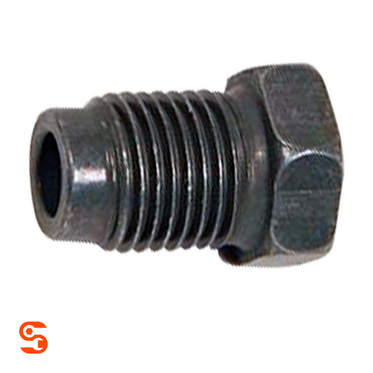 Steel metric tube nut with black threaded body, hex head, and hollow end for 3/16 inch tube