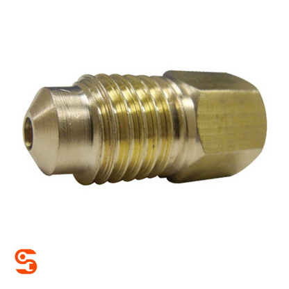 Brass metric bubble flare adapter with threaded body, hex end, and small central tube opening
