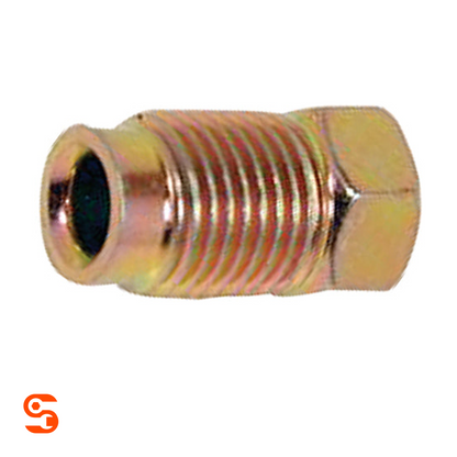 Zinc-plated steel tube nut with threaded body, hex end, and flared opening in red-gold finish