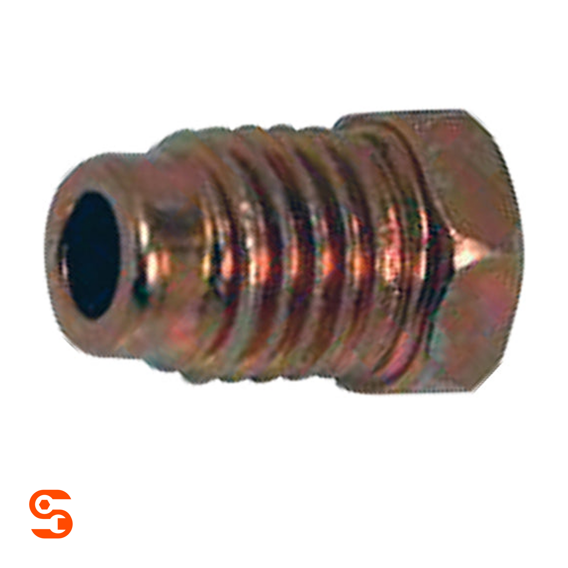 Clear zinc orange steel metric tube nut with threaded body, center opening, and 12mm hex end