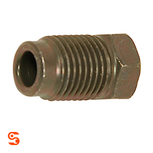 Clear zinc steel tube nut with threaded body, hollow flare opening, and 16mm hex end