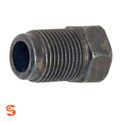 Steel metric tube nut with threaded body, hex end, and dark zinc-plated metal finish