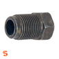 Steel metric tube nut with threaded body, hex end, and dark zinc-plated metal finish