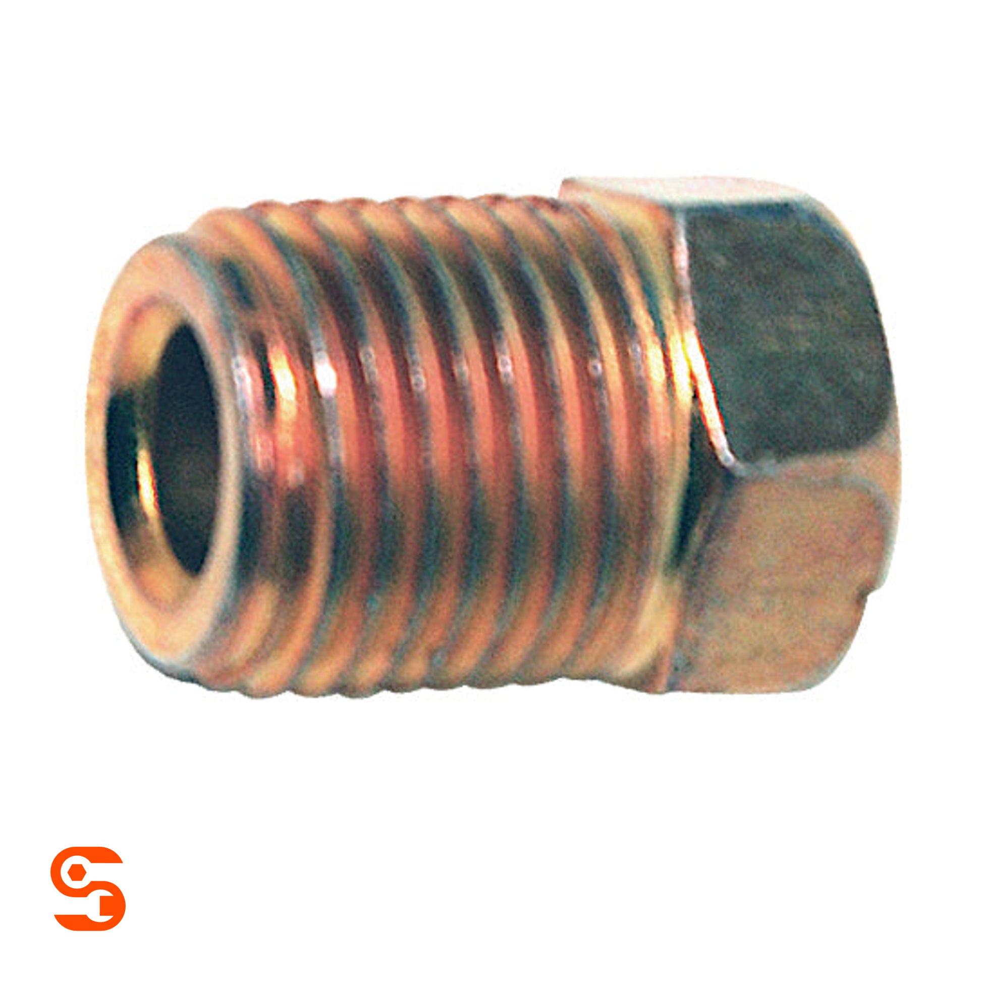 Clear zinc red steel tube nut with threaded end and 11mm hex head on white background