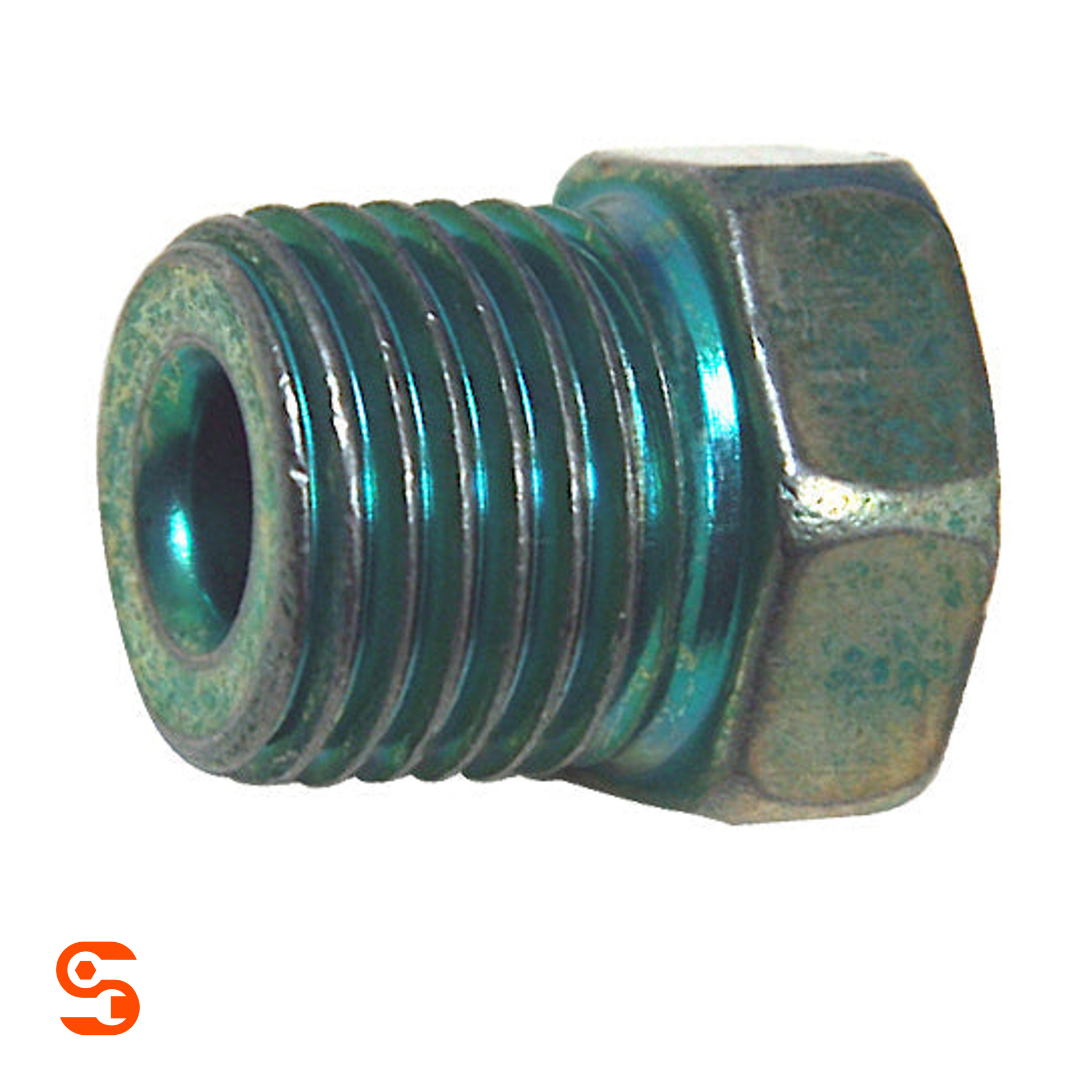 Clear zinc green steel tube nut with threaded body, hollow center, and 14mm hex end