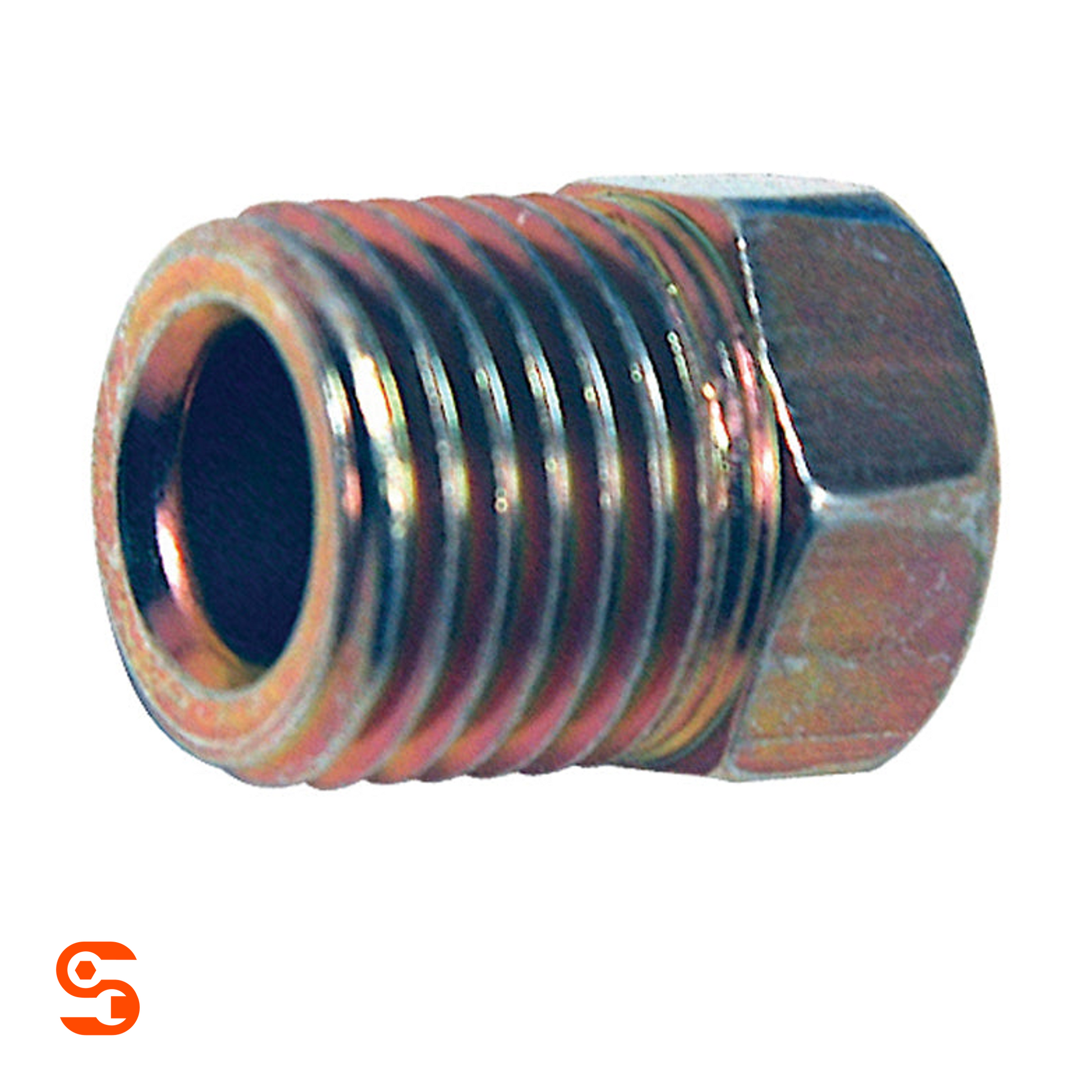 Clear zinc gold steel tube nut with threaded body and 13mm hex end, single piece