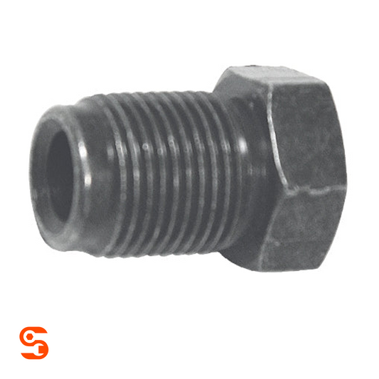 Black steel metric tube nut with threaded body and hex head, single piece on white background