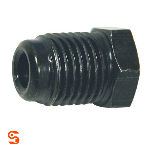 Black steel metric tube nut with threaded body, hollow end, and 14mm hex head