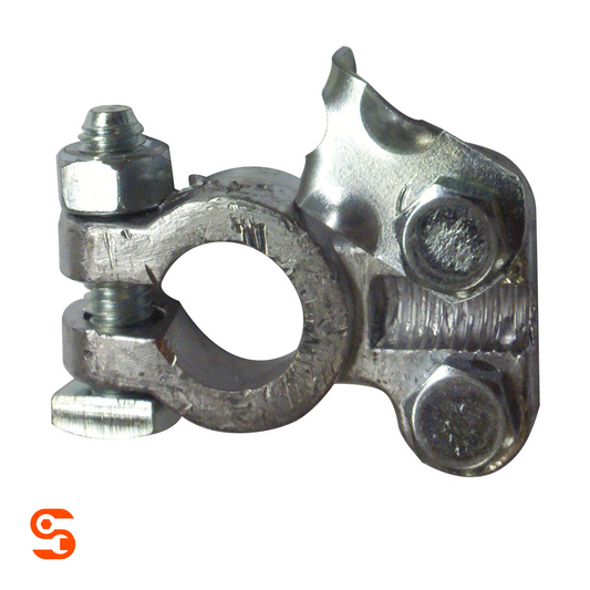 Heavy-duty silver metal top post battery terminal with clamp ring, bolts, and textured connector plate