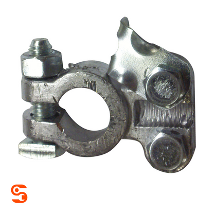 Heavy-duty silver metal top post battery terminal with clamp ring, bolts, and textured connector plate