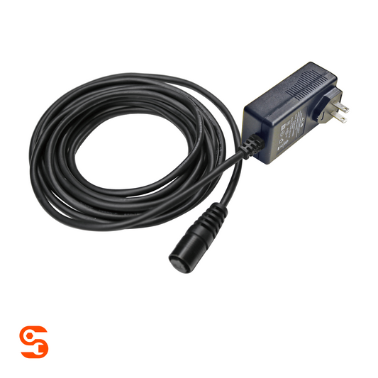 Black wall charger with two-prong plug and long coiled cable for work light models AUD502H and SPX601H