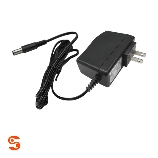 Black wall plug work light charger with two-prong adapter and coiled 4.9 ft cable with barrel connector
