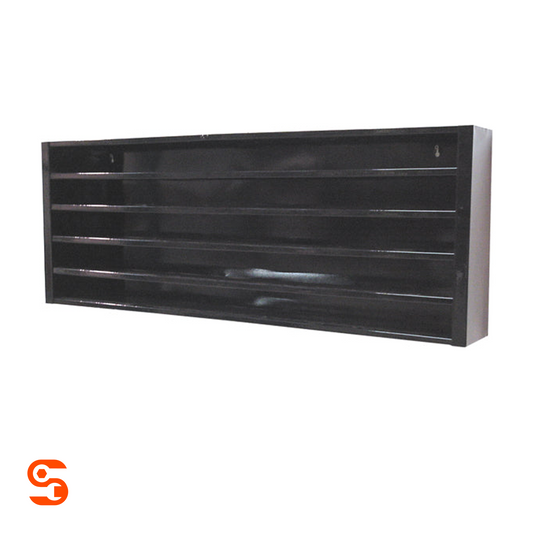 Black powder-coated steel wall storage cabinet with horizontal shelves and boxed rectangular frame