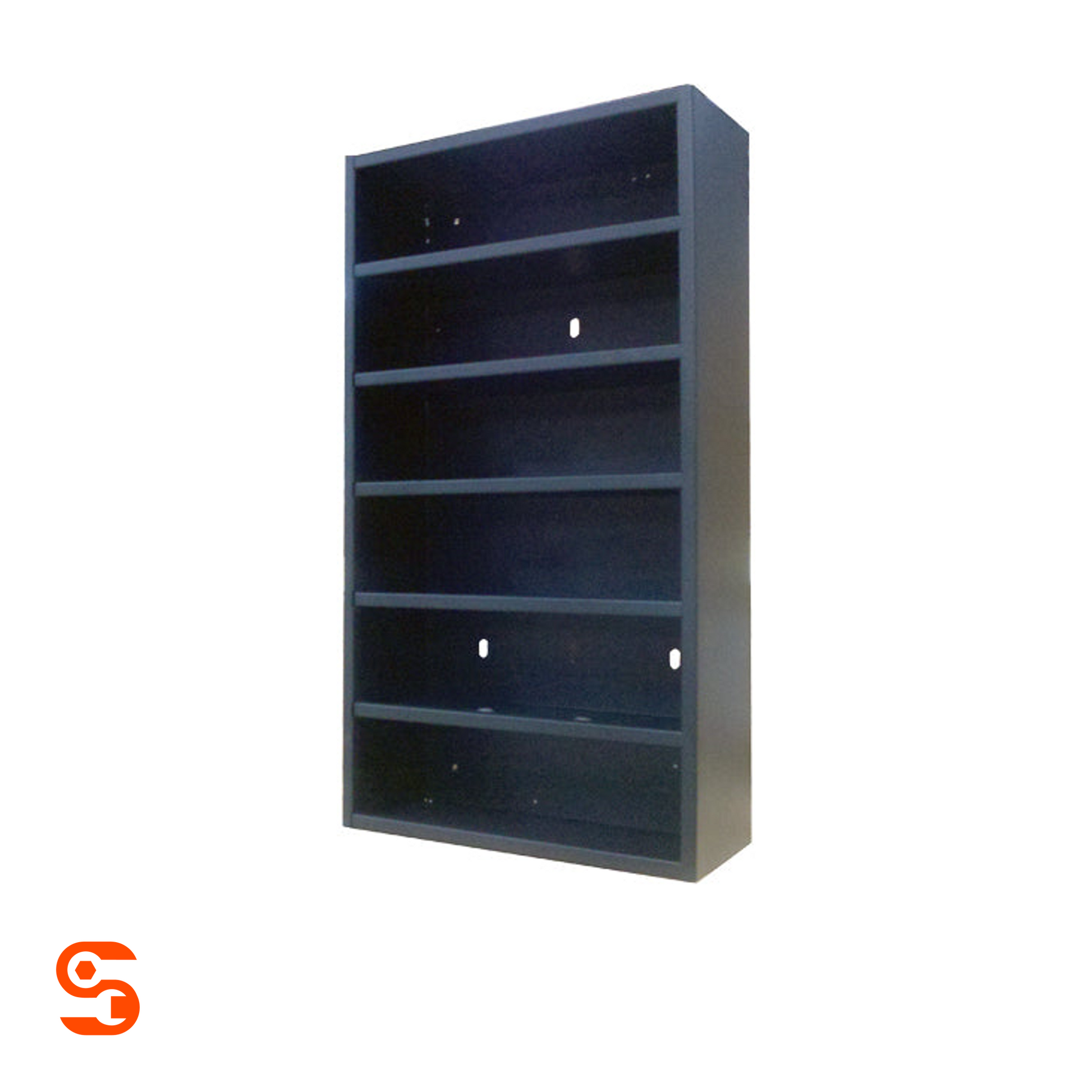 Black powder-coated steel wall storage cabinet with six open shelves for service parts boxes