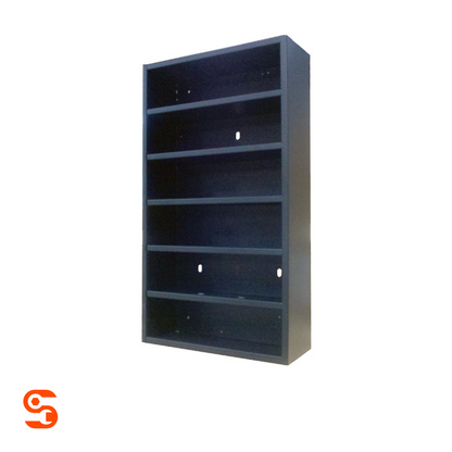 Black powder-coated steel wall storage cabinet with six open shelves for service parts boxes