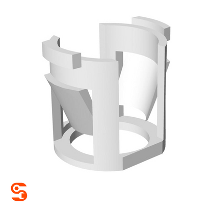 White nylon fuel line retainer clip with curved open frame and circular base, single piece