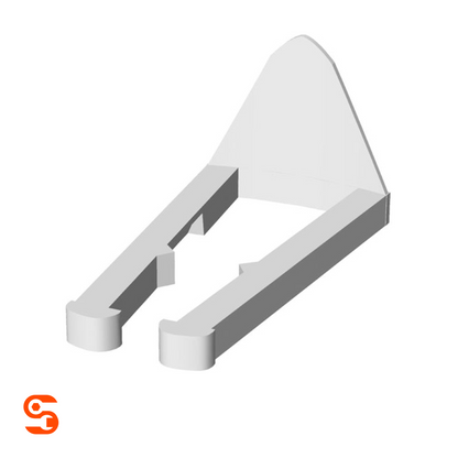 White Ford-style fuel line retainer clip with two arms and a curved rear shield, shown as a single piece