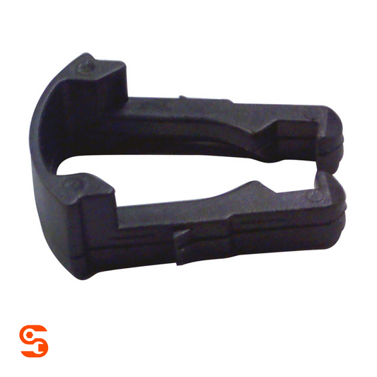 Black nylon Ford-style quick connector fuel line retainer clip with open U-shaped frame