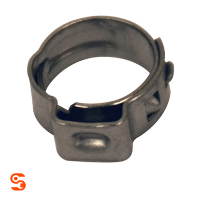 Black metal 360° fuel line hose clamp with circular band and locking tabs