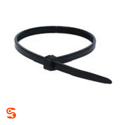 Black UV cable tie with pointed end and locking head, shown looped in black plastic