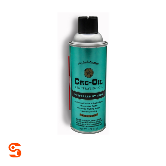 Cre-Oil penetrating oil aerosol can with teal label, black cap, and red straw attachment, 11 oz