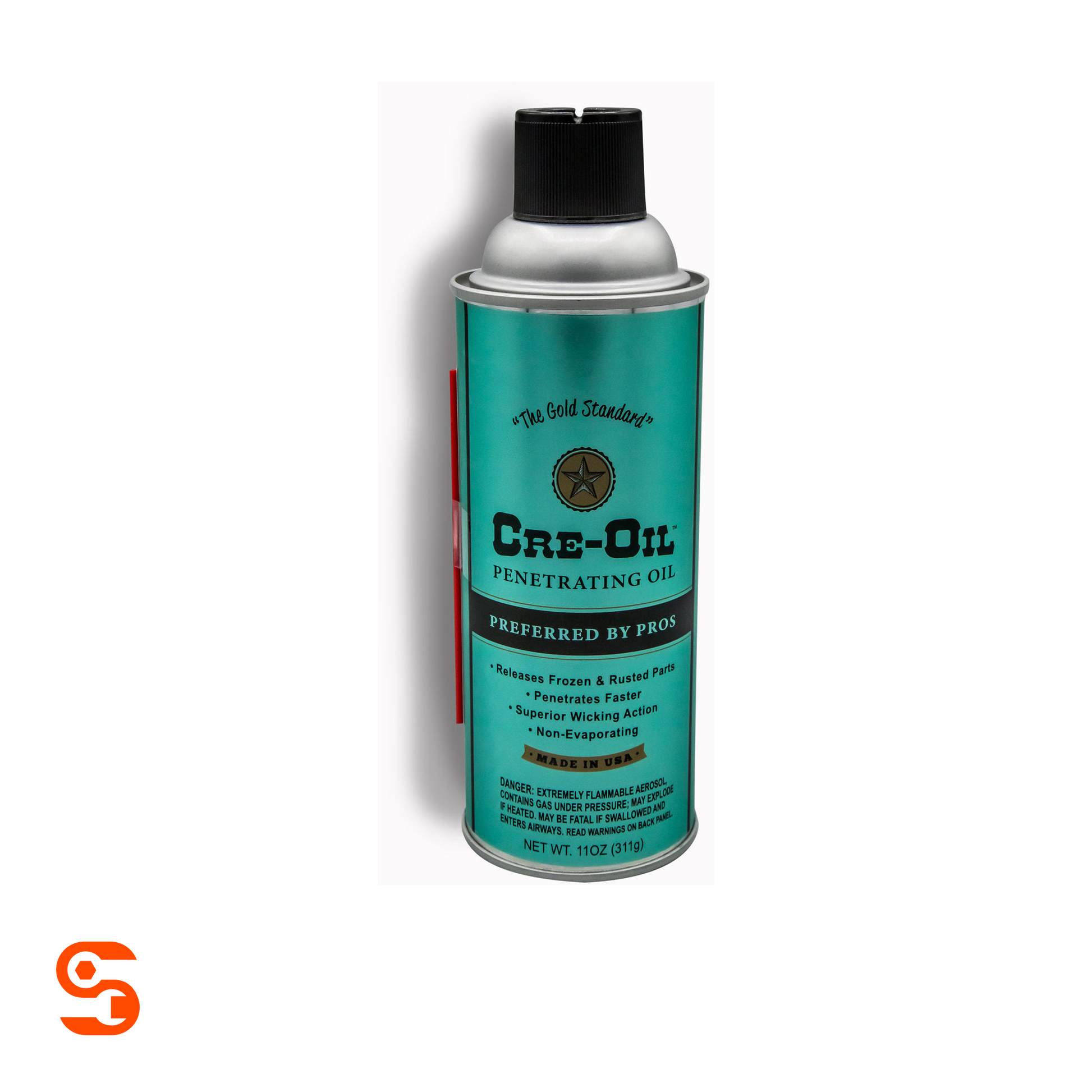 Cre-Oil penetrating oil aerosol can with teal label, black cap, and red straw attachment, 11 oz