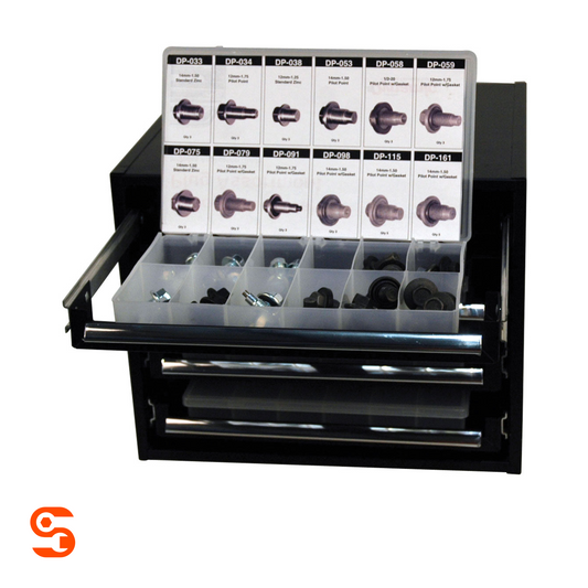 Black tower cabinet with sliding drawers holding clear compartment boxes of assorted metal component parts